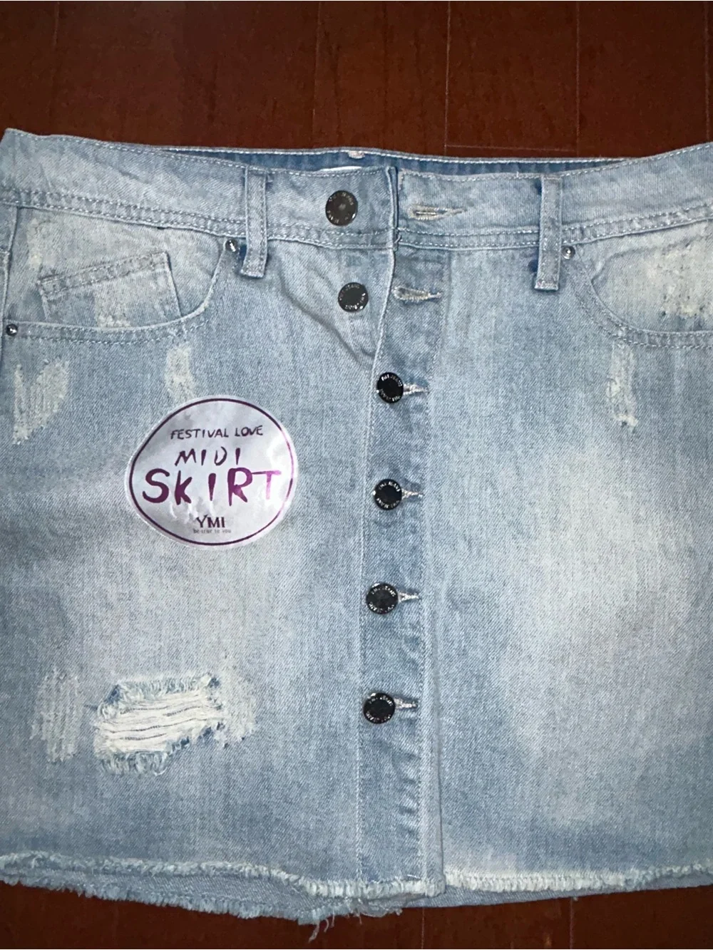 NEW YMI Distressed Denim Mini Skirt Full Button-Up Raw Hem Size 7 Y2K - Picture 3 of 10
